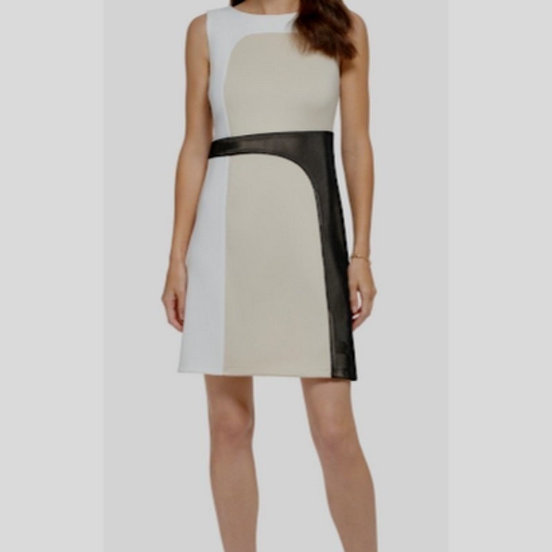 Dkny Sheath Dress Womens 14 White Tan New Colorblock Mesh Accent Sleeveless